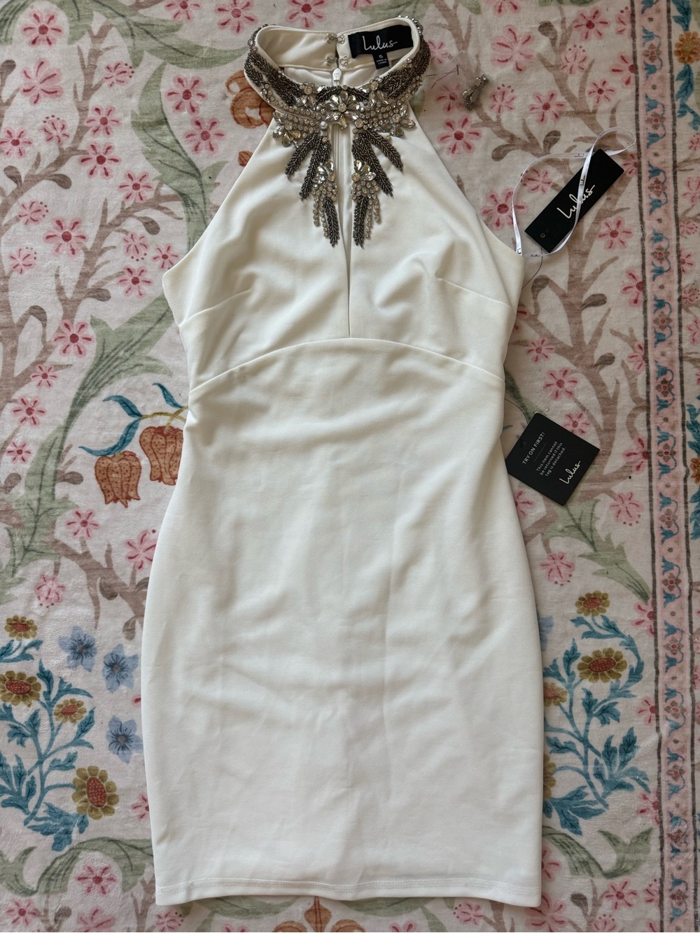 Lulus NWT Beaded Rhinestone Halter Mini Dress White Size Small